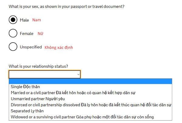 Khai thông tin về giới tính và tình trạng hôn nhân