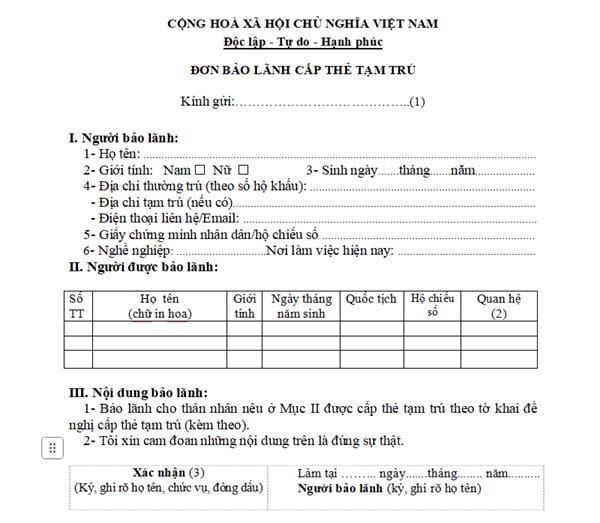 Đơn xin bảo lãnh cấp thẻ tạm trú - Mẫu NA7